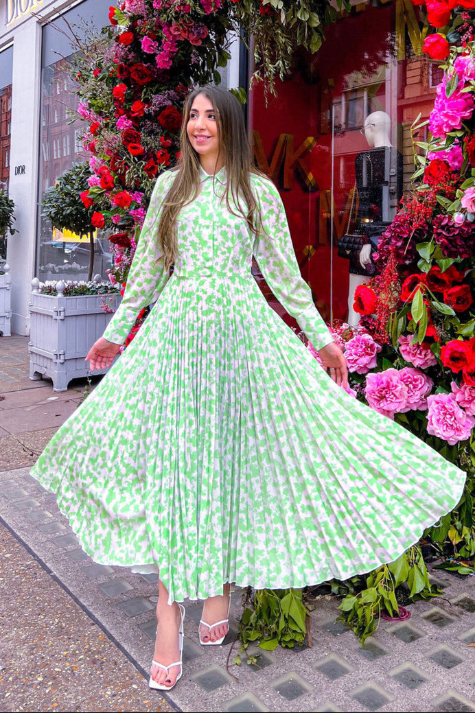 Closet London Lime Green Floral Print Pleated Shirt Dress