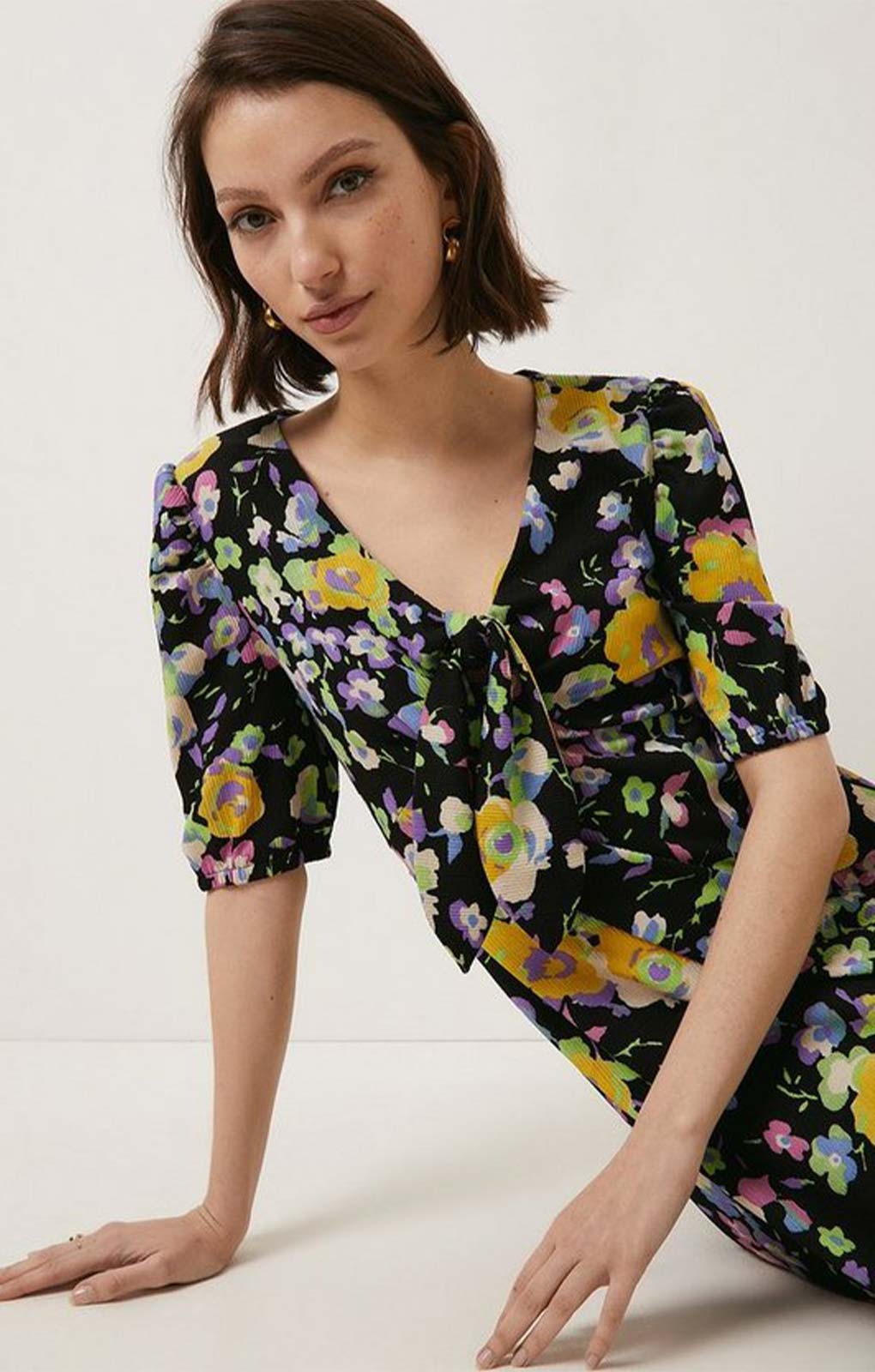 Oasis Crinkle Floral Tie Front Midi Dress
