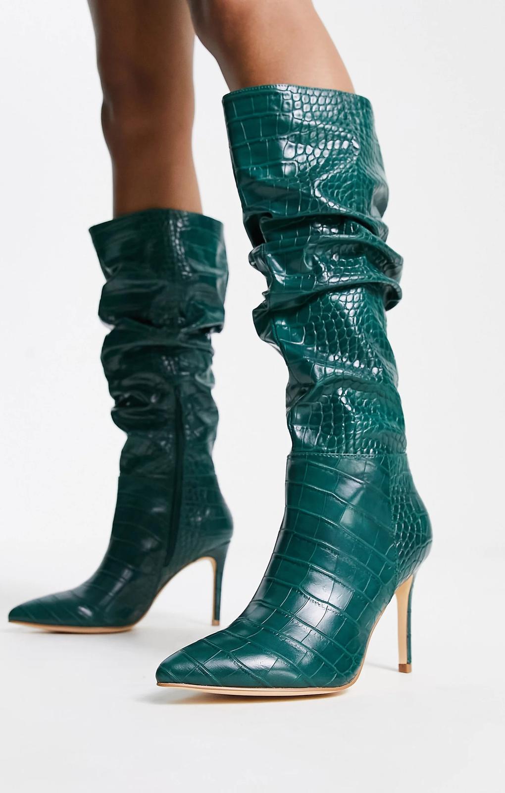 Forever New Exclusive Knee High Boots In Emerald Croc – shoes by Forever New, available to rent from Hirestreet
