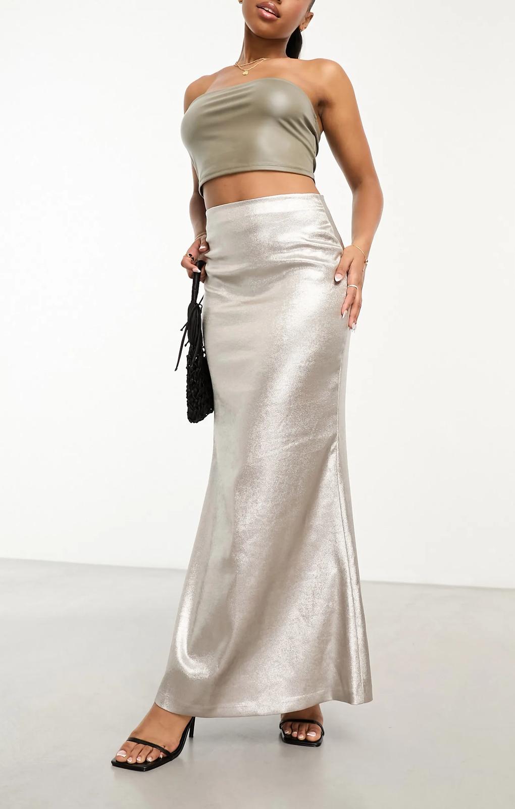 Forever New Metallic Maxi Skirt In Silver – skirts by Forever New, available to rent from Hirestreet