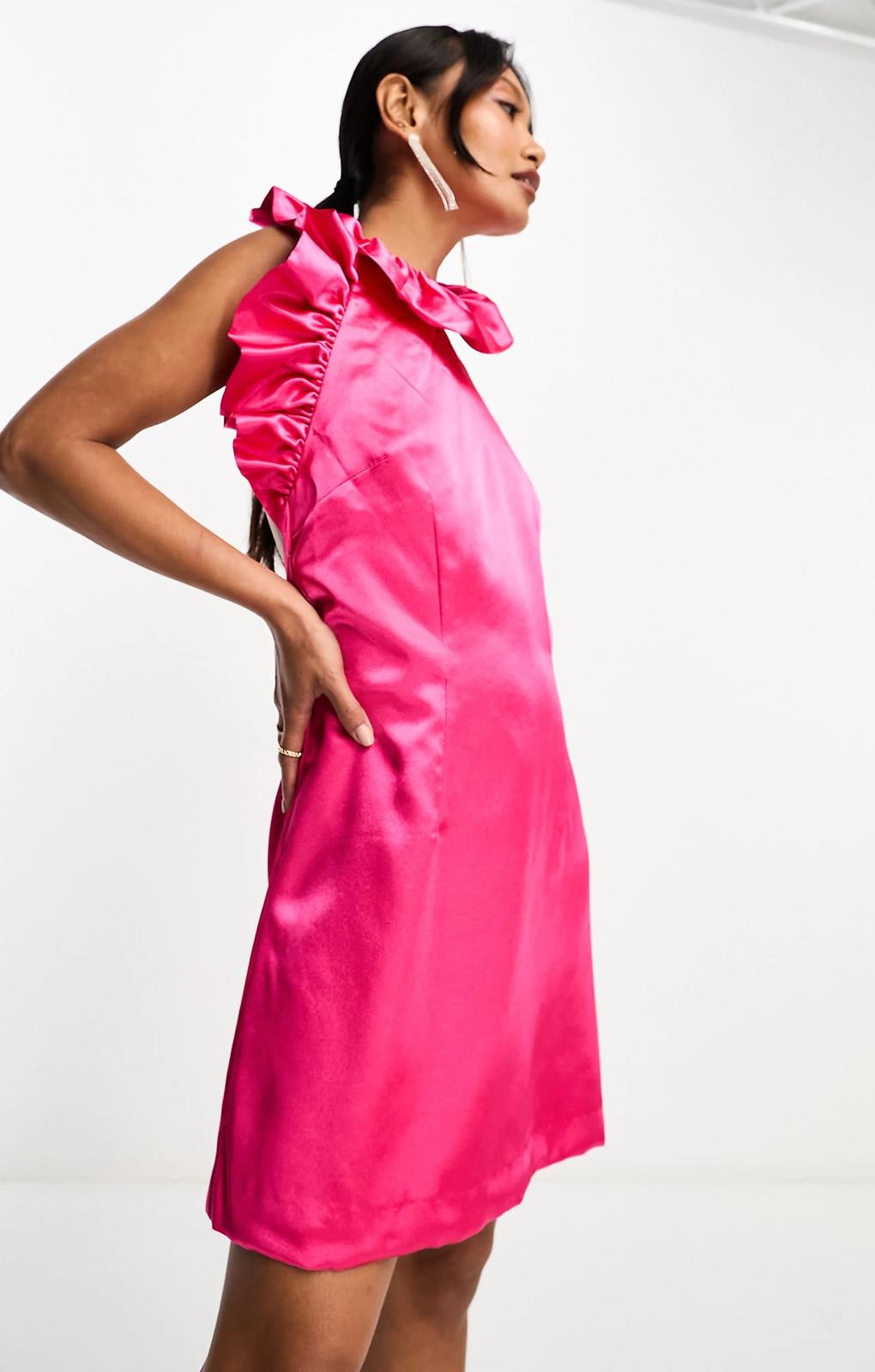 French Connection Satin Mini Dress With Ruffle Detail In Fuchsia Pink – dresses by French Connection, available to rent from Hirestreet