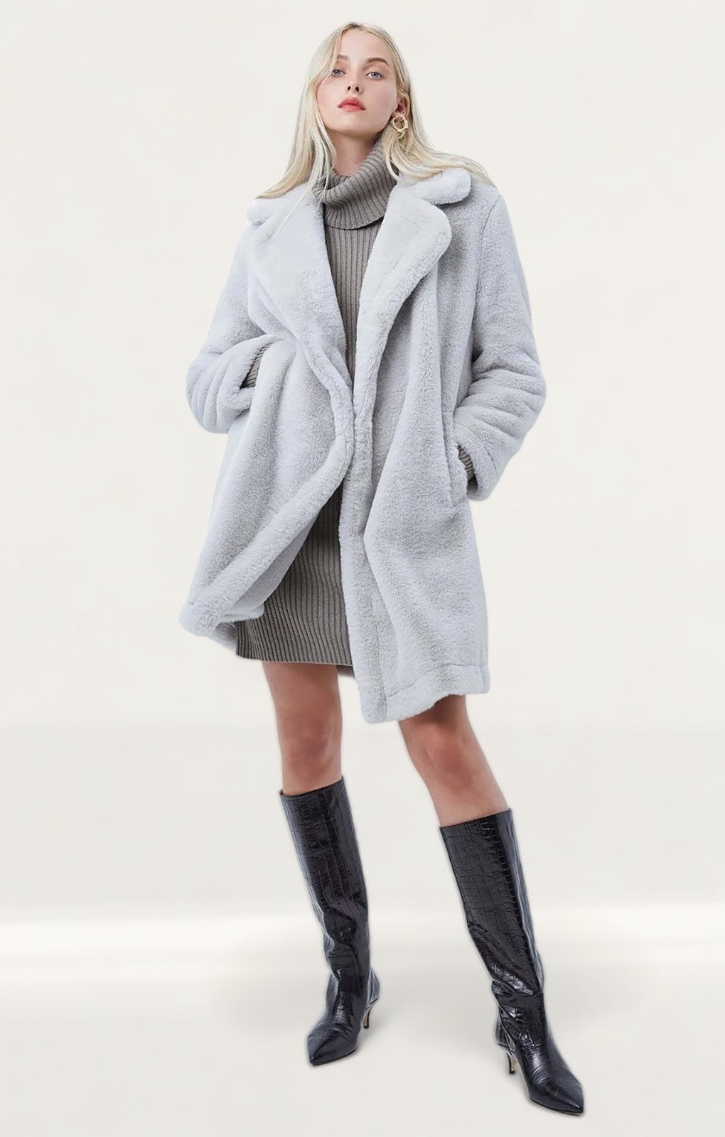 French Connection Stone Grey Banna Faux Fur Long Coat