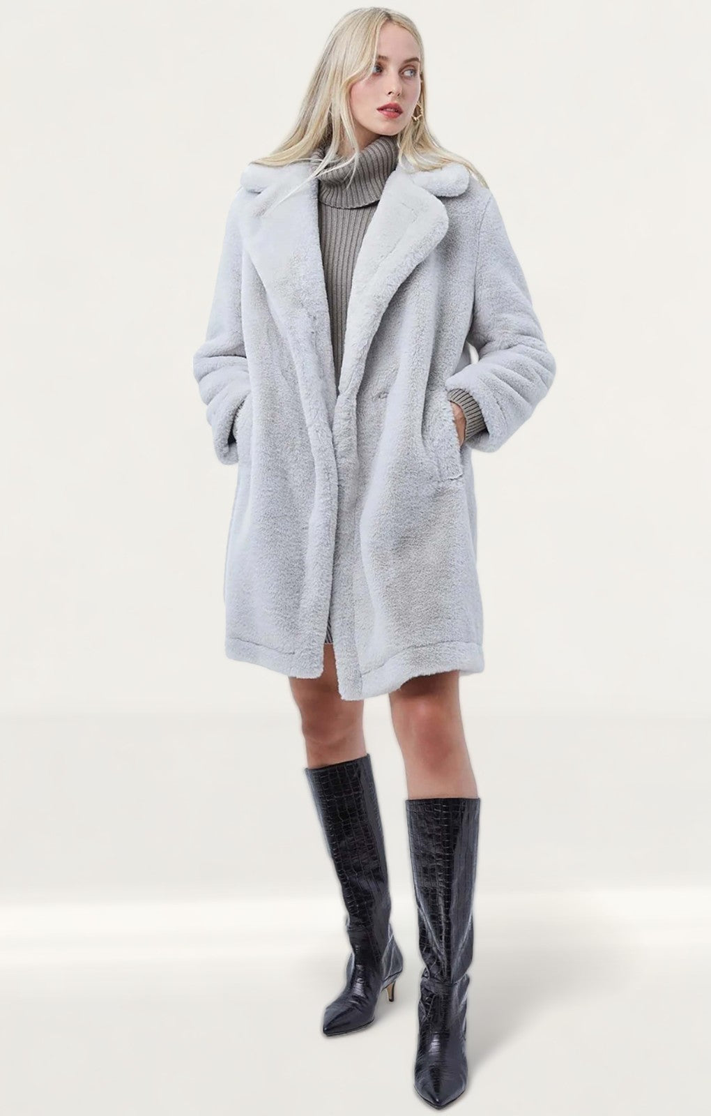 French Connection Stone Grey Banna Faux Fur Long Coat