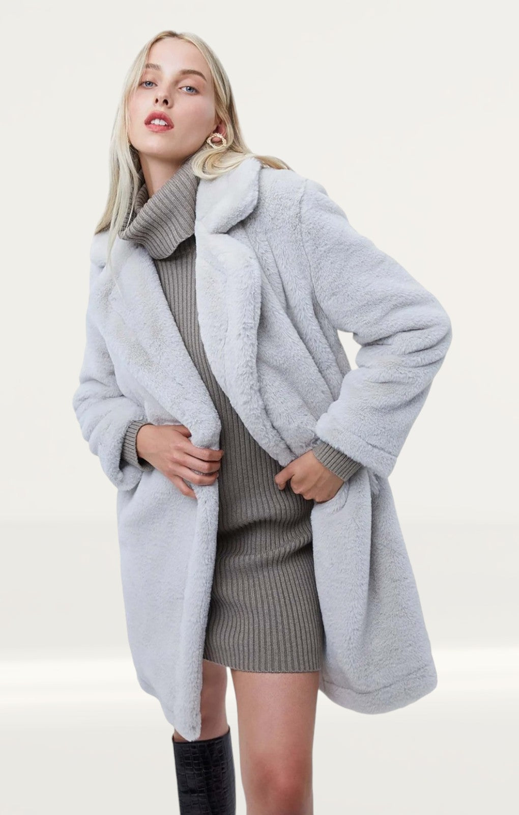 French Connection Stone Grey Banna Faux Fur Long Coat