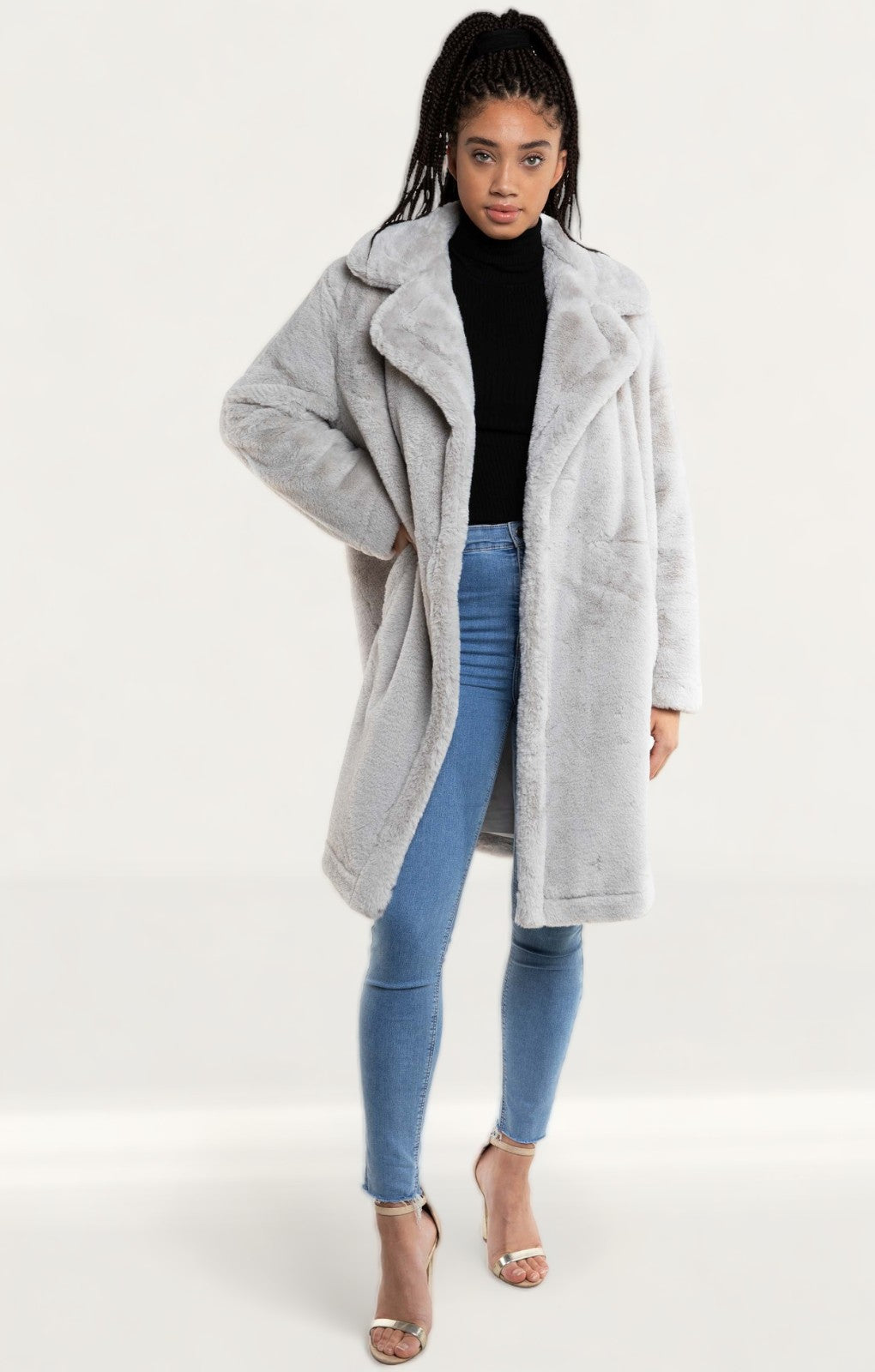 French Connection Stone Grey Banna Faux Fur Long Coat