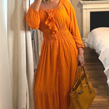 French Connection Anna Cora Pleated Button Down Maxi Dress Orange