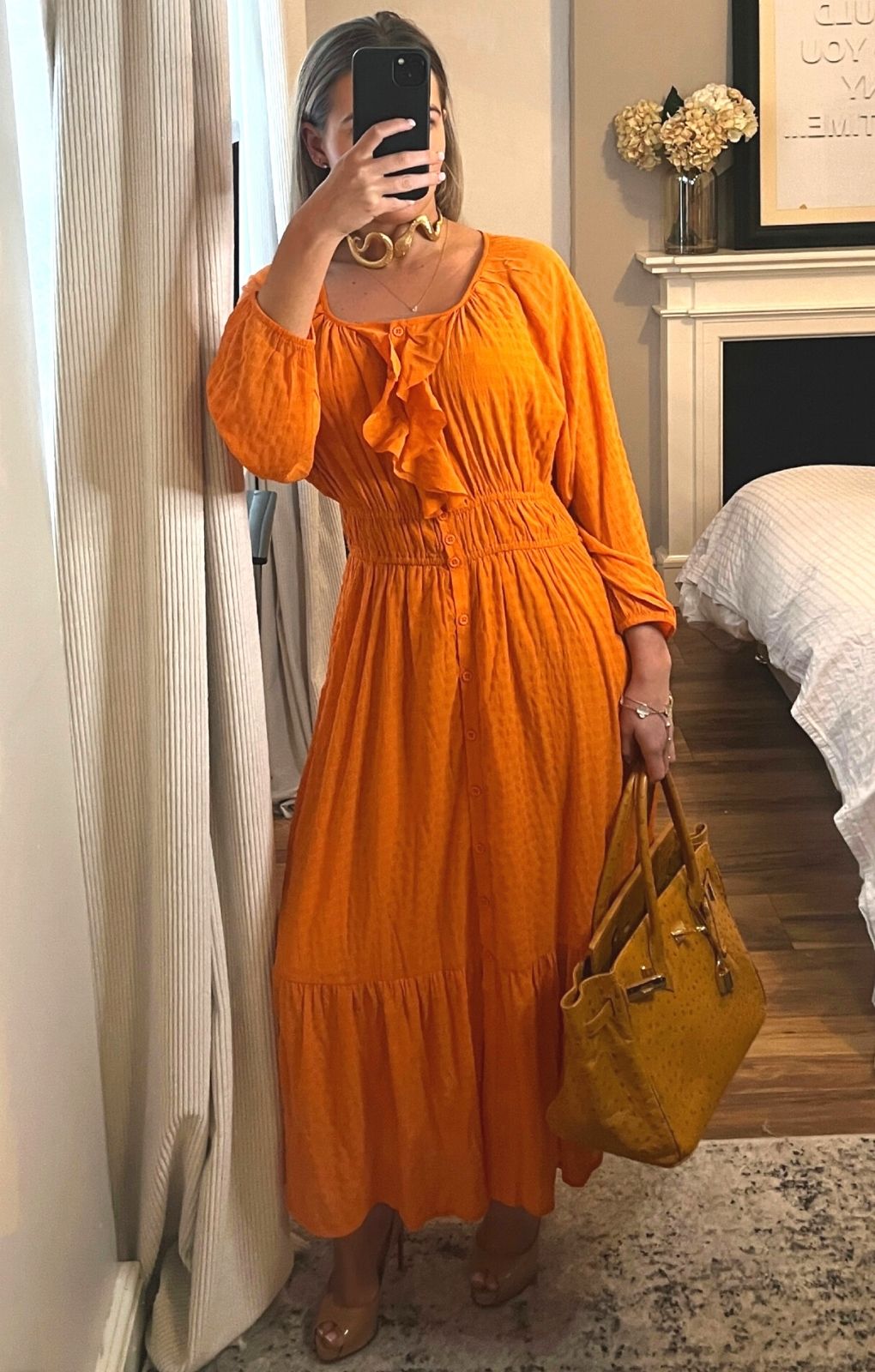 French Connection Anna Cora Pleated Button Down Maxi Dress Orange