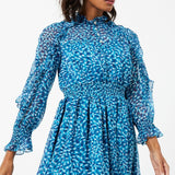 French Connection Hallie Frill Mini Dress in Mosaic Blue
