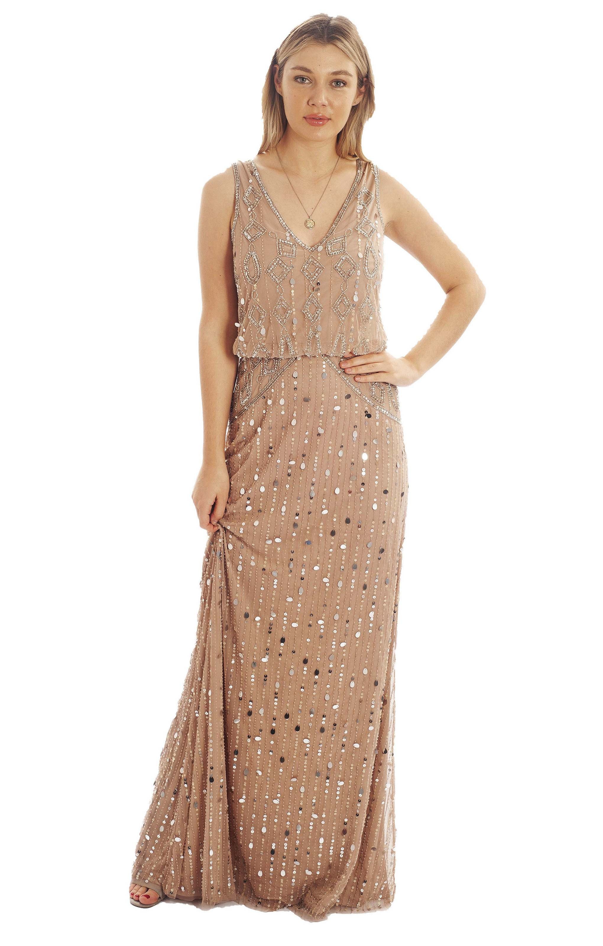 Frock & Frill Pink V-Neck Embellished Maxi Dress