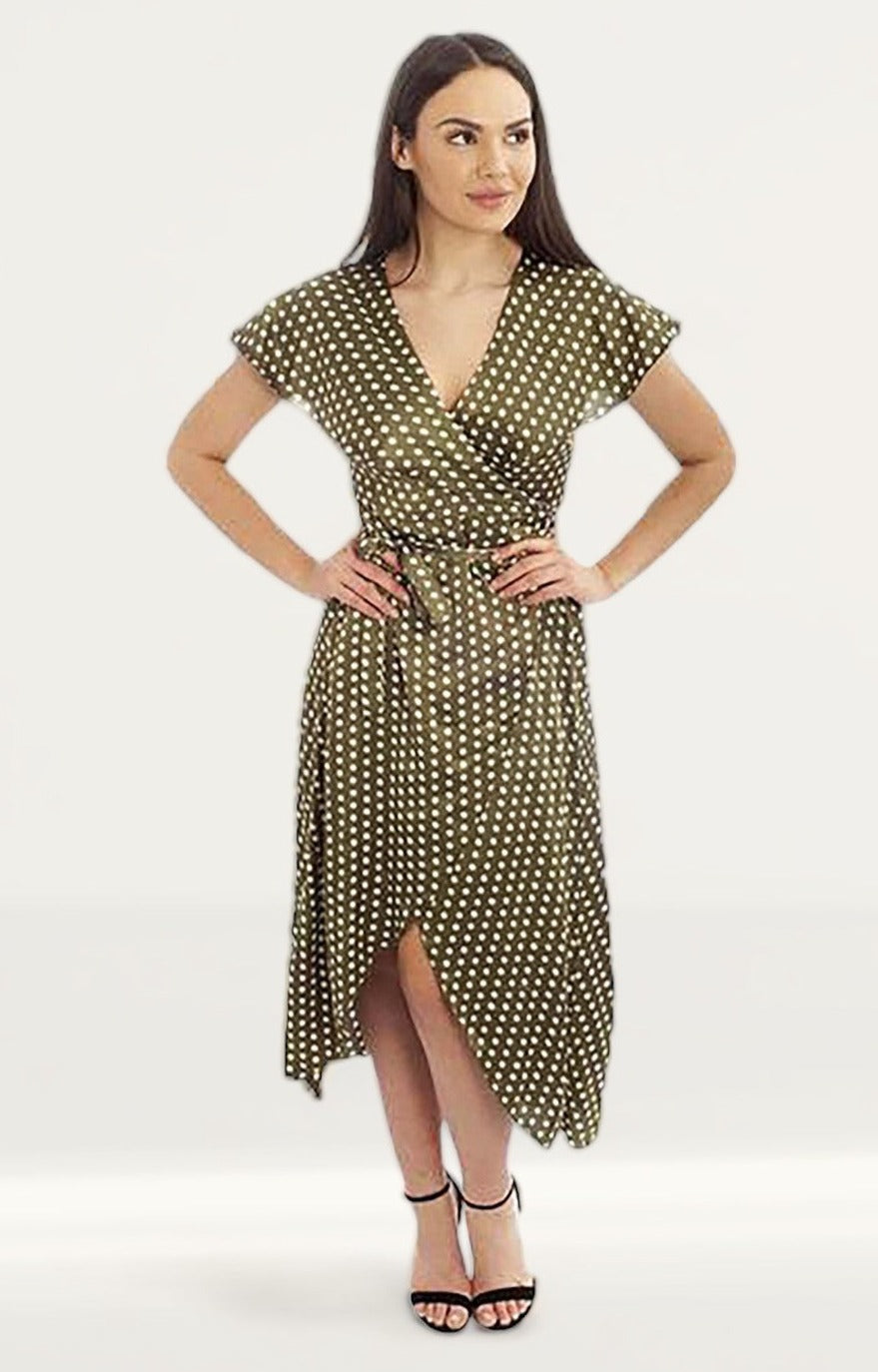 Green Wrap Polka Dot Midi Dress