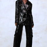 Boohoo Black Sequin Blazer & Wide Leg Co-Ord