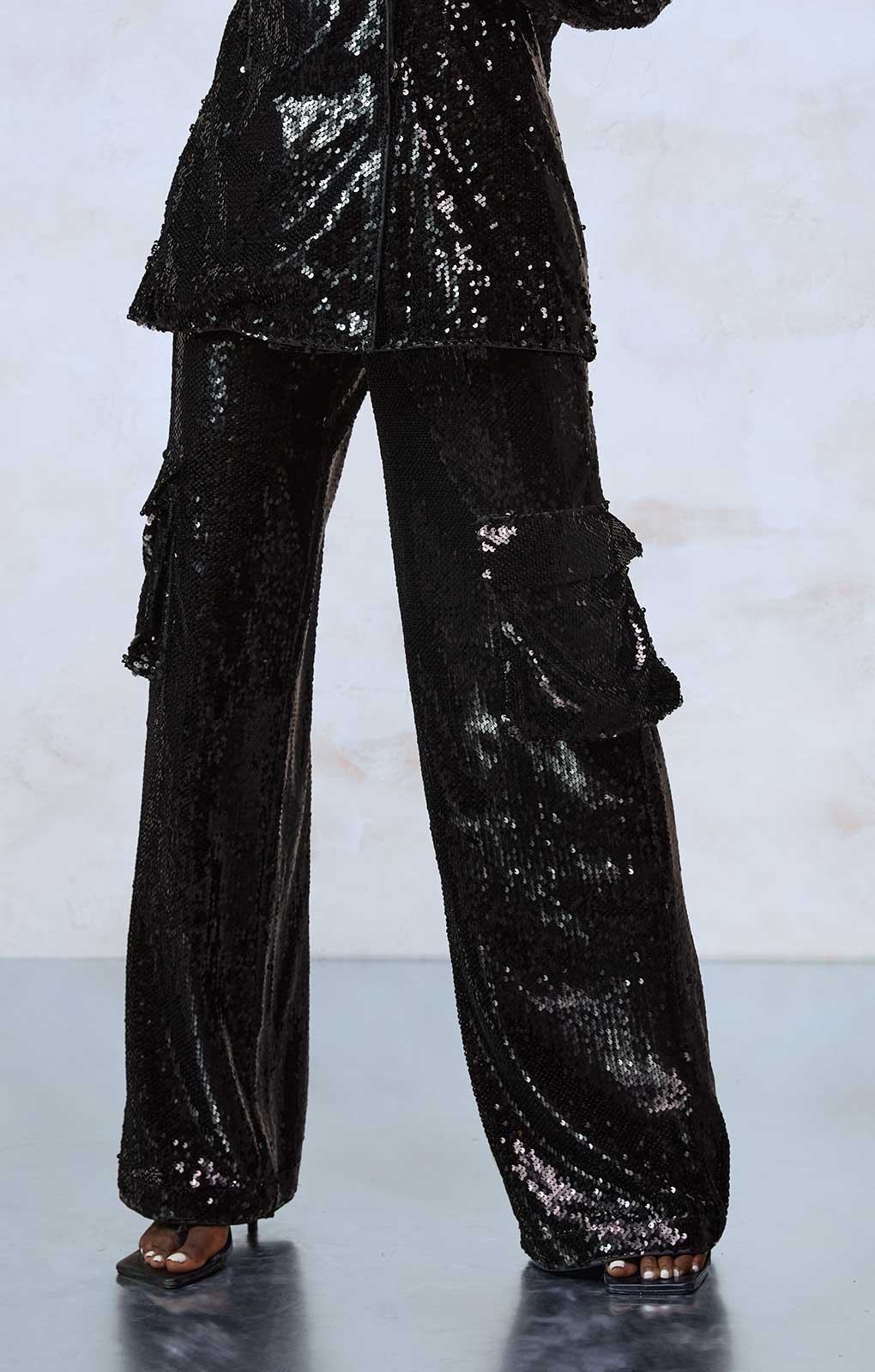 Boohoo Black Sequin Blazer & Wide Leg Co-Ord