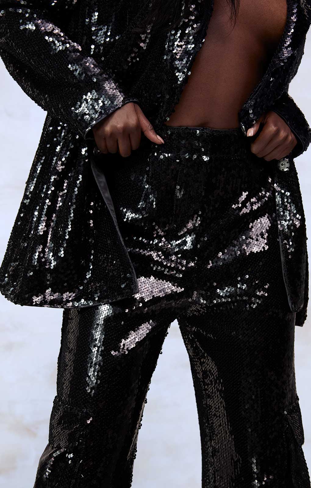 Boohoo Black Sequin Blazer & Wide Leg Co-Ord