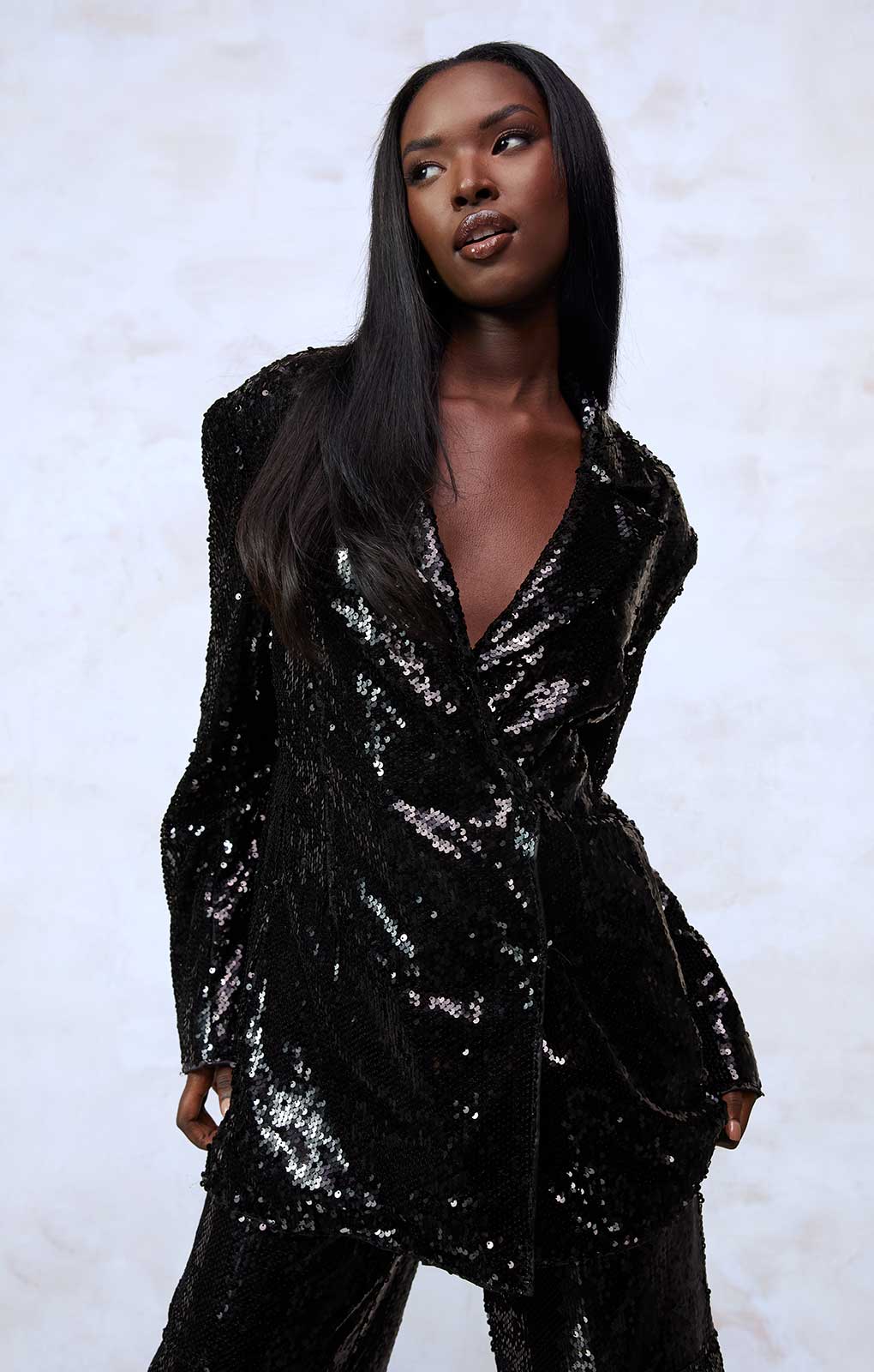 Boohoo Black Sequin Blazer & Wide Leg Co-Ord