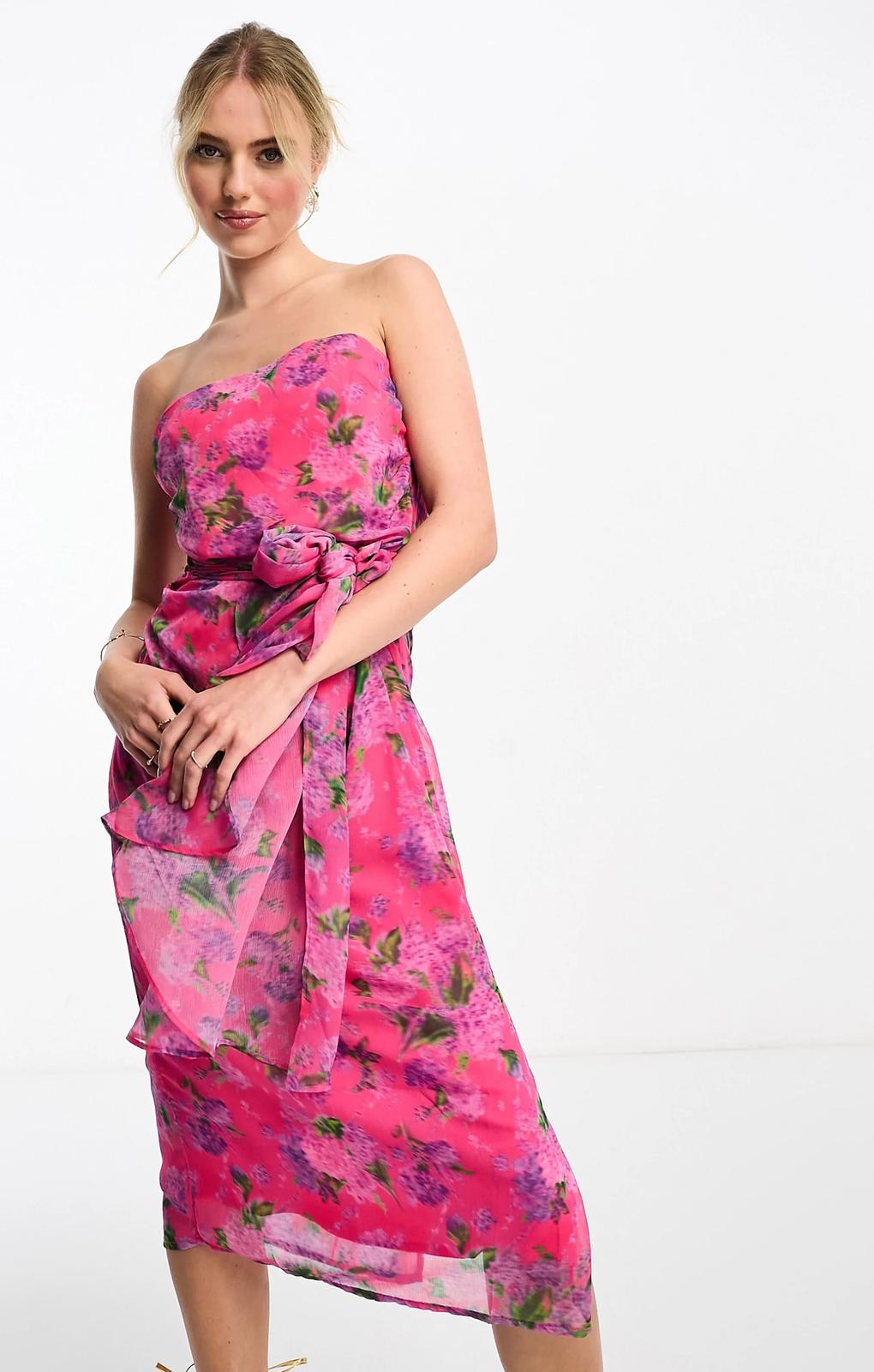 Hope & Ivy Bandeau Drape Midi Dress In Bright Pink Floral – dresses by Hope & Ivy, available to rent from Hirestreet