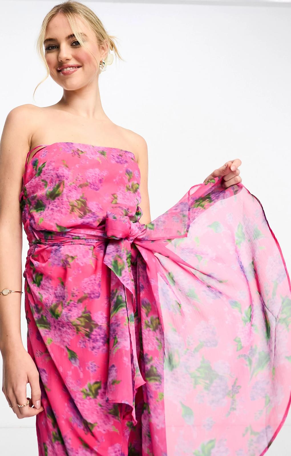 Hope & Ivy Bandeau Drape Midi Dress In Bright Pink Floral – dresses by Hope & Ivy, available to rent from Hirestreet