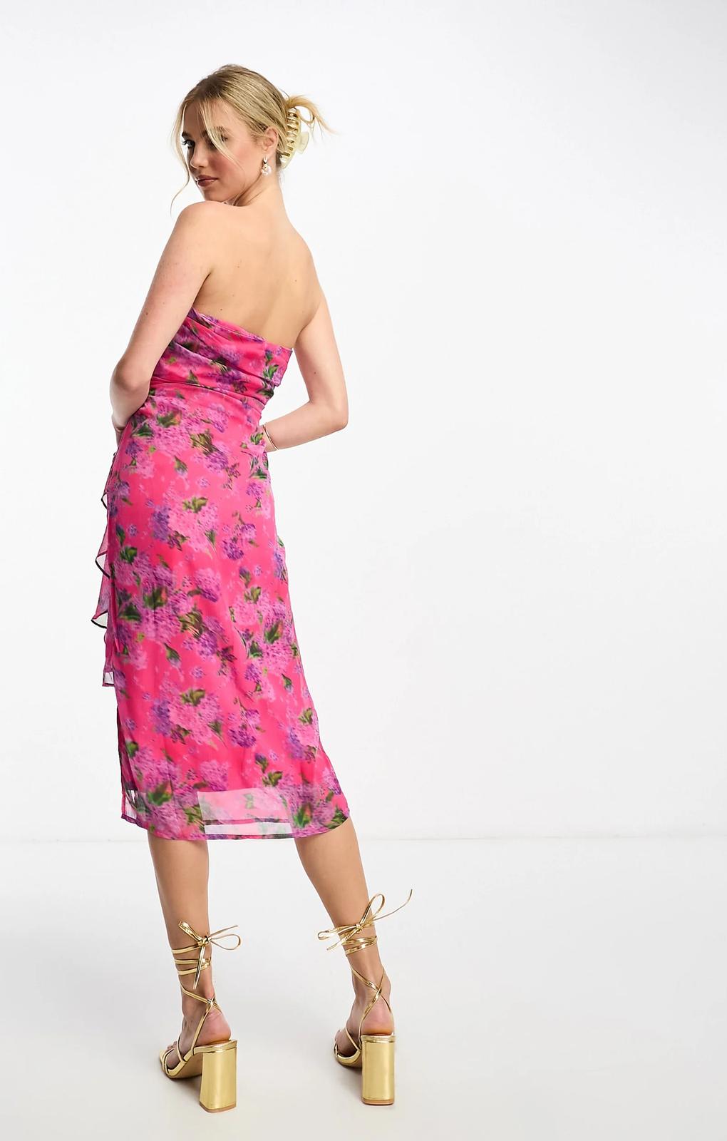 Hope & Ivy Bandeau Drape Midi Dress In Bright Pink Floral – dresses by Hope & Ivy, available to rent from Hirestreet
