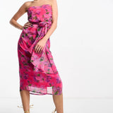 Hope & Ivy Bandeau Drape Midi Dress In Bright Pink Floral – dresses by Hope & Ivy, available to rent from Hirestreet