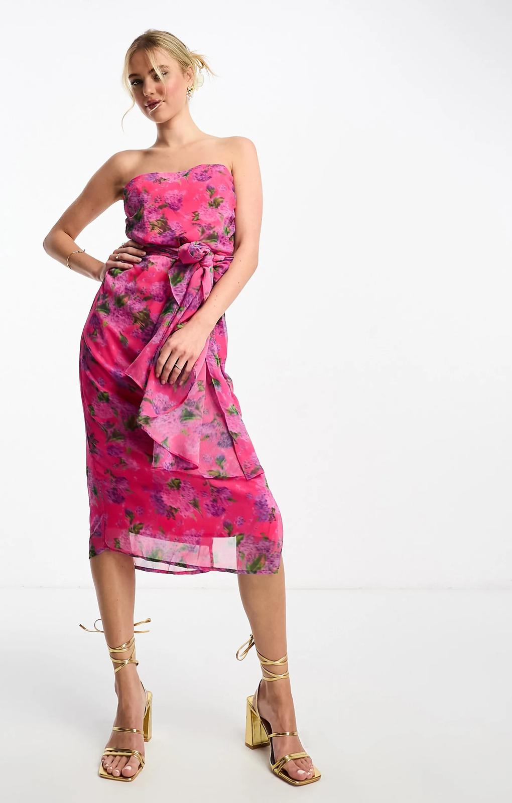 Hope & Ivy Bandeau Drape Midi Dress In Bright Pink Floral – dresses by Hope & Ivy, available to rent from Hirestreet