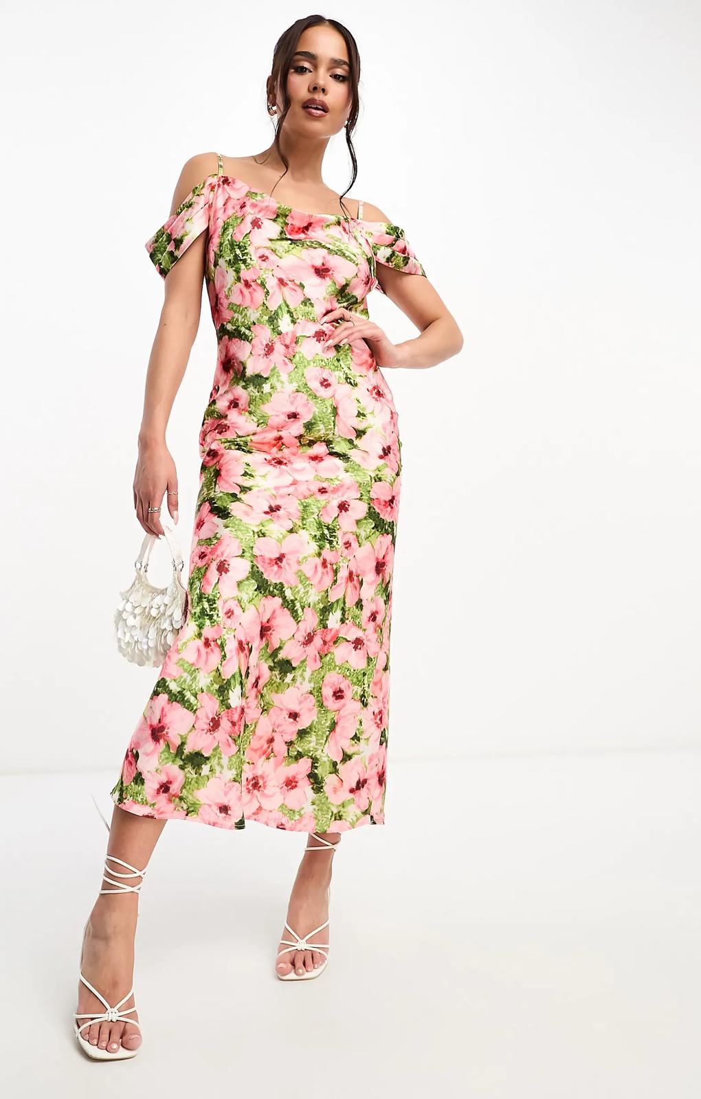 Hope & Ivy Cold Shoulder Satin Midaxi Dress In Pink Floral – dresses by Hope & Ivy, available to rent from Hirestreet