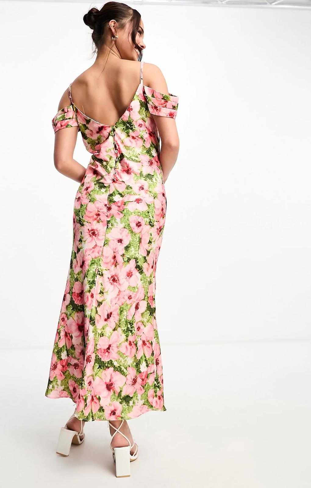 Hope & Ivy Cold Shoulder Satin Midaxi Dress In Pink Floral – dresses by Hope & Ivy, available to rent from Hirestreet