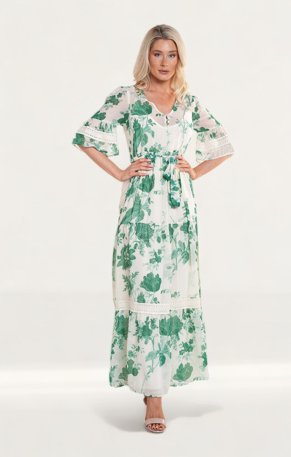 Rent Hope & Ivy Bell Sleeve Maxi Dress With Tie Waist And Floral Print | Hirestreet Rent Hope & Ivy Bell Sleeve Maxi Dress With Tie Waist And Floral Print | Hirestreet
