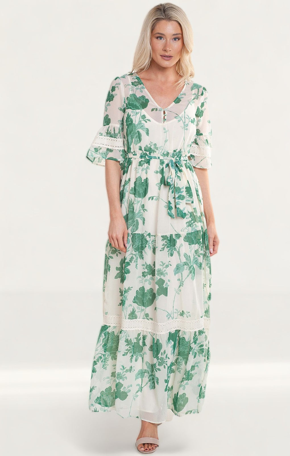 Hope & Ivy Bell Sleeve Maxi Dress With Tie Waist And Floral Print