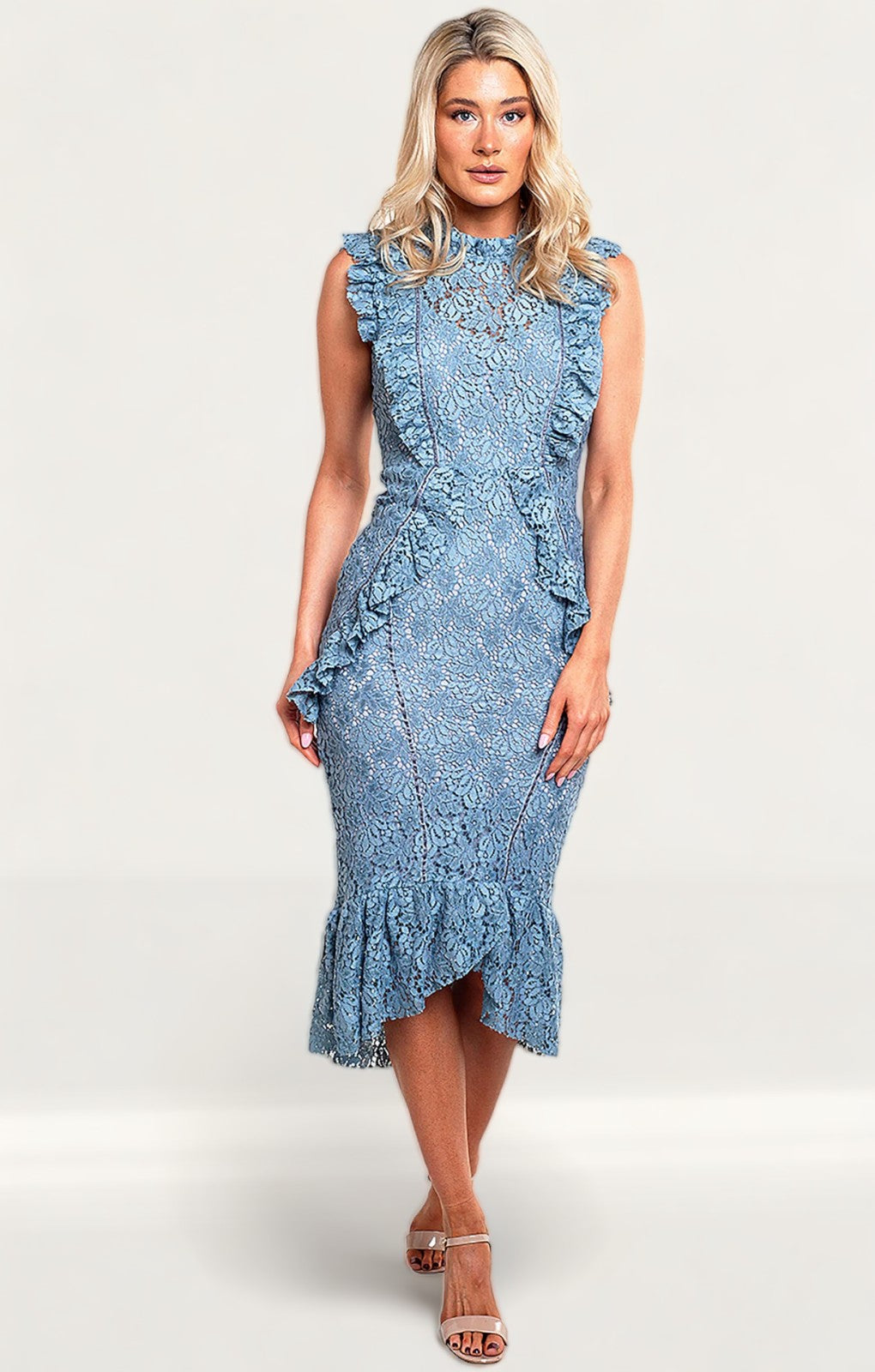 Hope & Ivy Blue Ruffle Lace Midi Dress