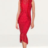 Hope & Ivy Red Ruffle Lace Midi Dress