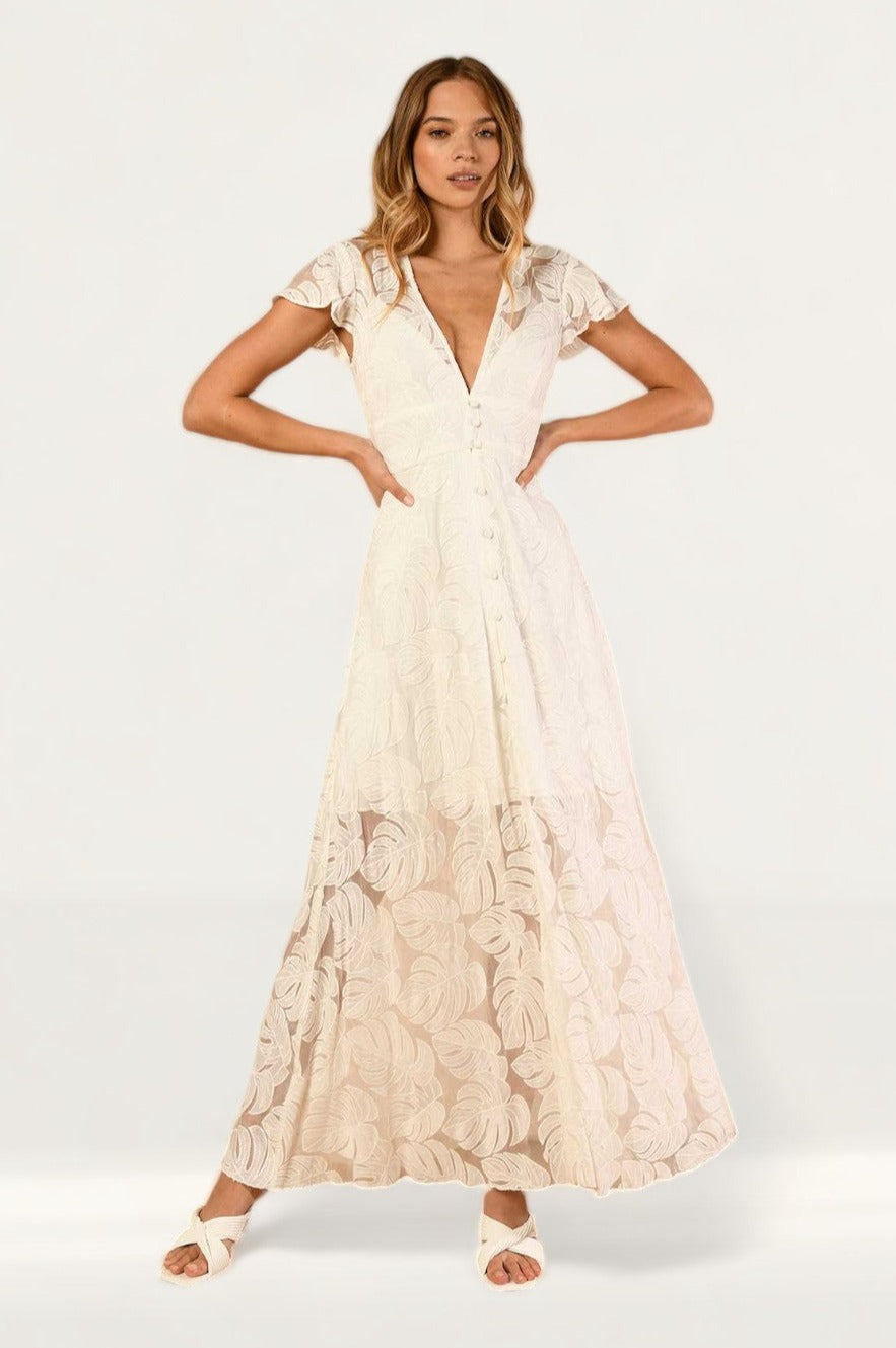 Hutch Nia Dress in White Monsteras Leaf