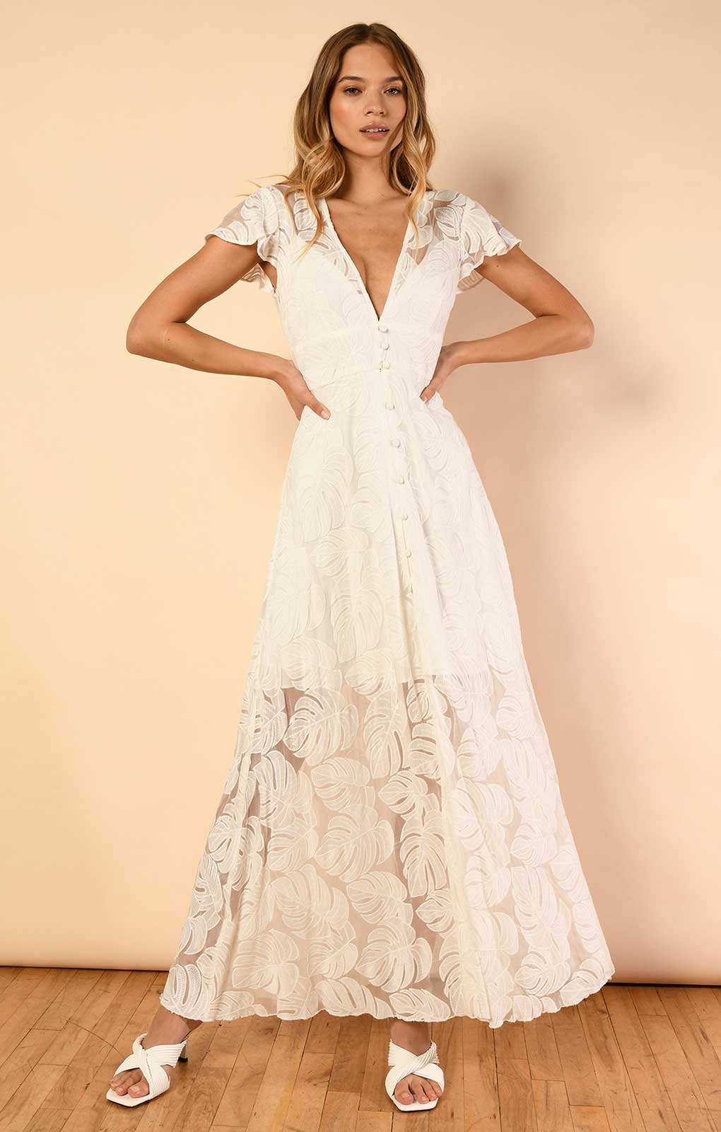Hutch Nia Dress in White Monsteras Leaf