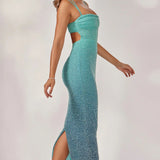 Oh Polly Monte Carlo Embellished Strapless Maxi Dress in Blue Ombré