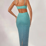 Oh Polly Monte Carlo Embellished Strapless Maxi Dress in Blue Ombré
