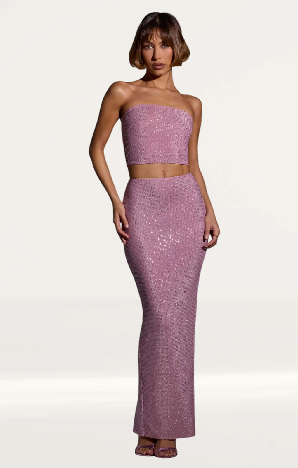 Oh Polly Odetta Embellished Strapless Crop Top in Light Pink