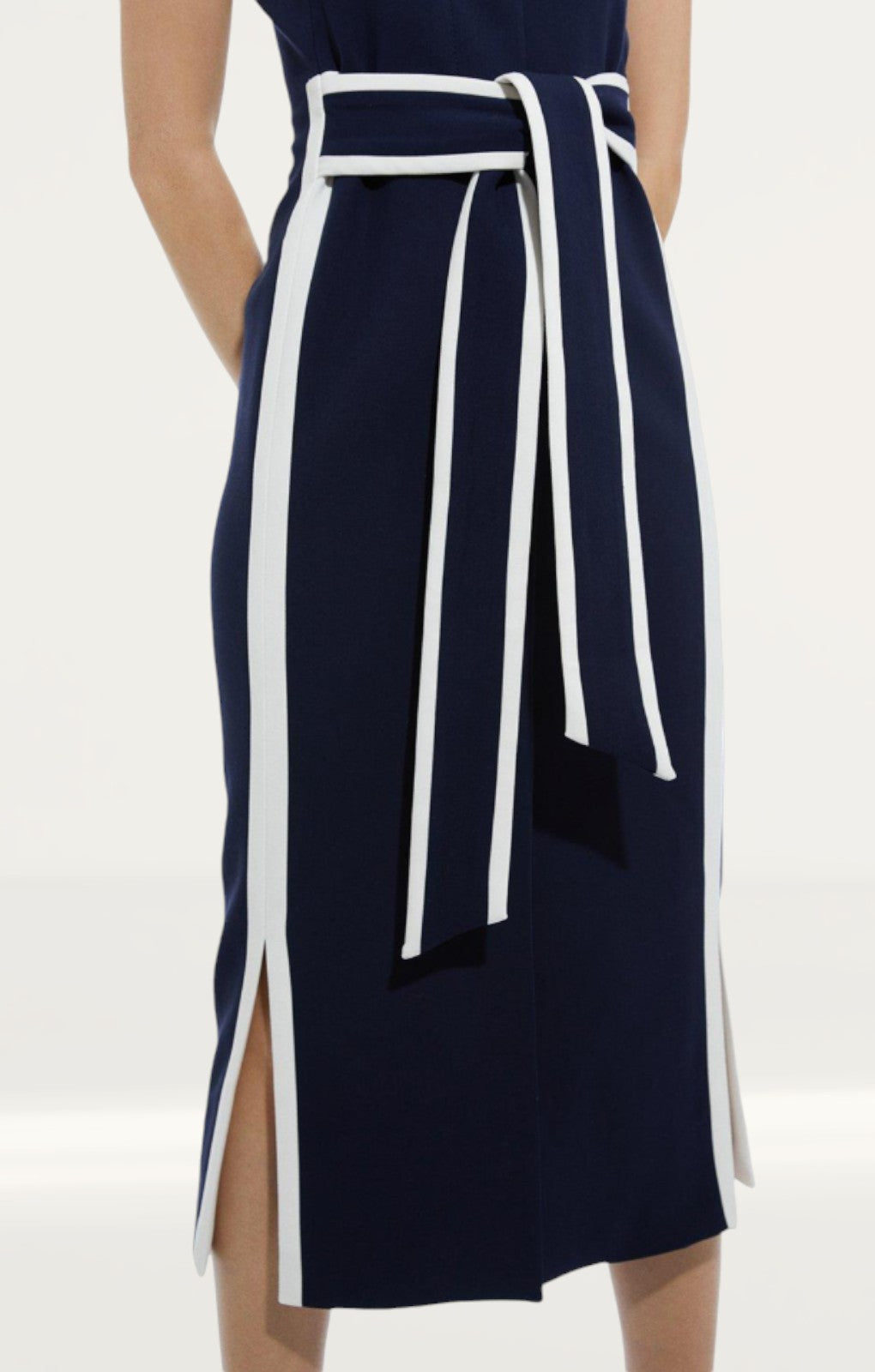Karen Millen Compact Stretch Contrast Tipped Belted Pencil Midaxi Dress