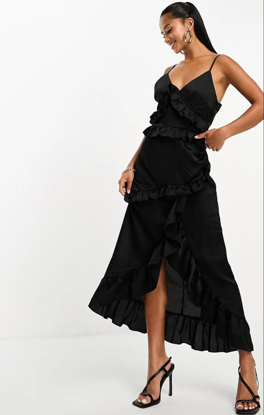 In The Style Exclusive Ruffle Trim Cami Maxi Dress In Black – dresses by In The Style, available to rent from Hirestreet