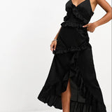 In The Style Exclusive Ruffle Trim Cami Maxi Dress In Black – dresses by In The Style, available to rent from Hirestreet