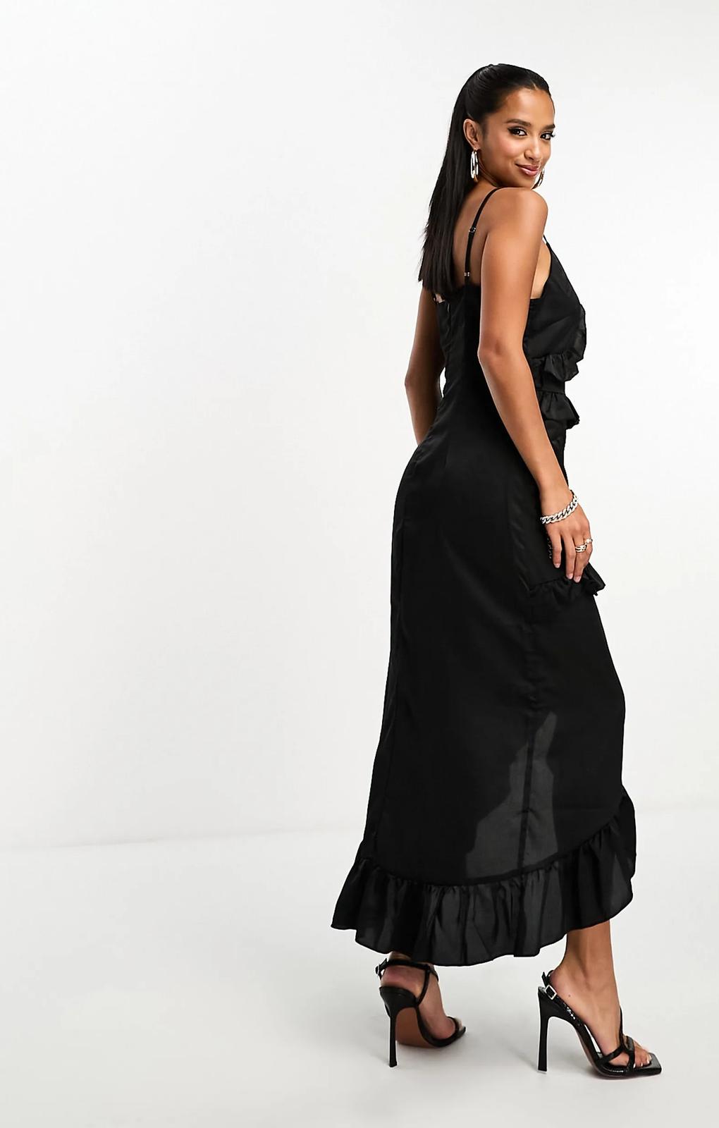 In The Style Exclusive Ruffle Trim Cami Maxi Dress In Black – dresses by In The Style, available to rent from Hirestreet