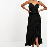 In The Style Exclusive Ruffle Trim Cami Maxi Dress In Black – dresses by In The Style, available to rent from Hirestreet