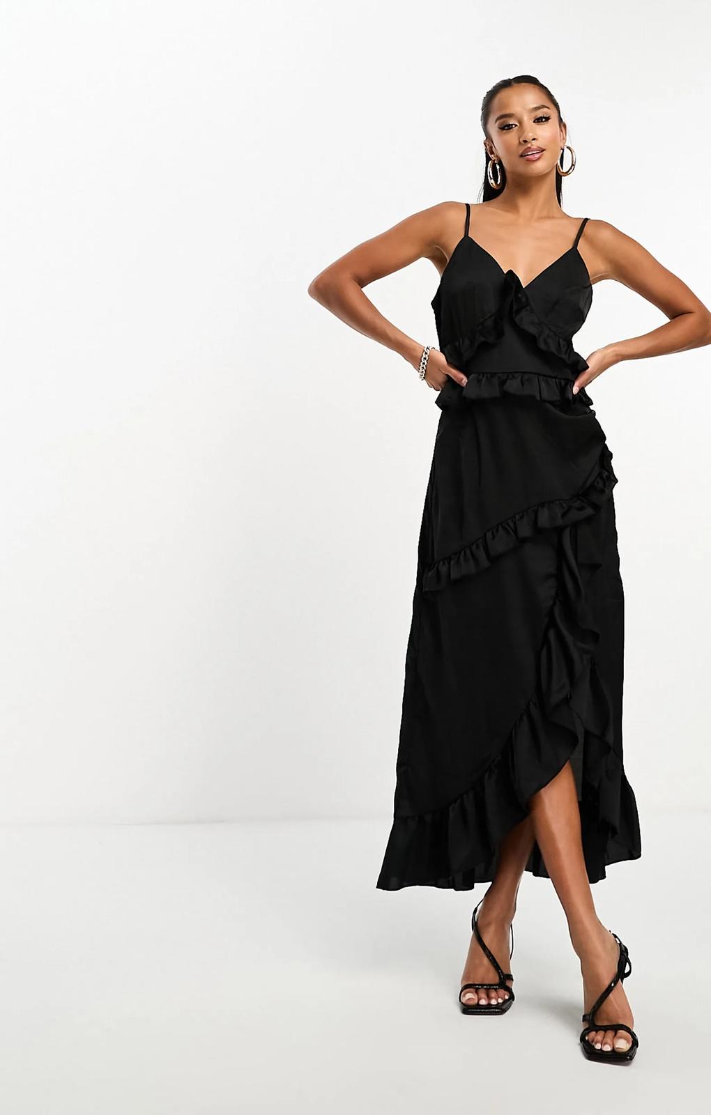 In The Style Exclusive Ruffle Trim Cami Maxi Dress In Black – dresses by In The Style, available to rent from Hirestreet