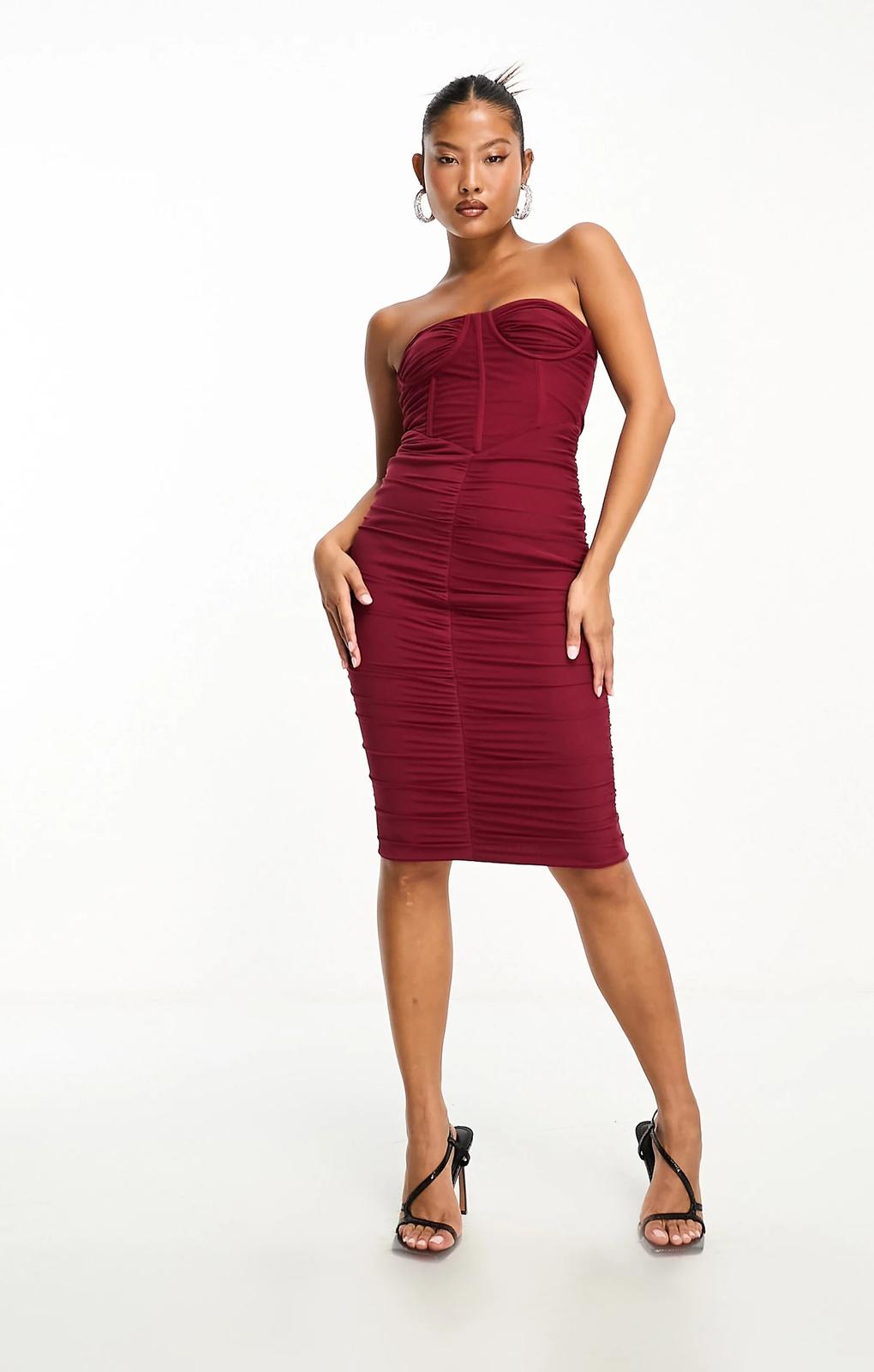 Jaded Rose Petite Contoured Corset Midi Dress In Burgundy – dresses by Jaded Rose Petite, available to rent from Hirestreet
