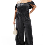 Jaded Rose Plus Off Shoulder Satin Corset Jumpsuit In Black – jumpsuits & playsuits by Jaded Rose Plus, available to rent from Hirestreet