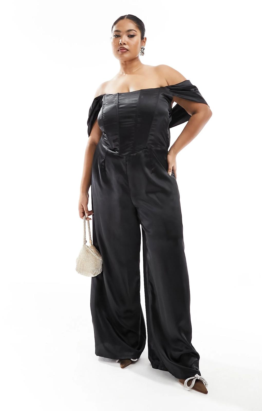 Jaded Rose Plus Off Shoulder Satin Corset Jumpsuit In Black – jumpsuits & playsuits by Jaded Rose Plus, available to rent from Hirestreet