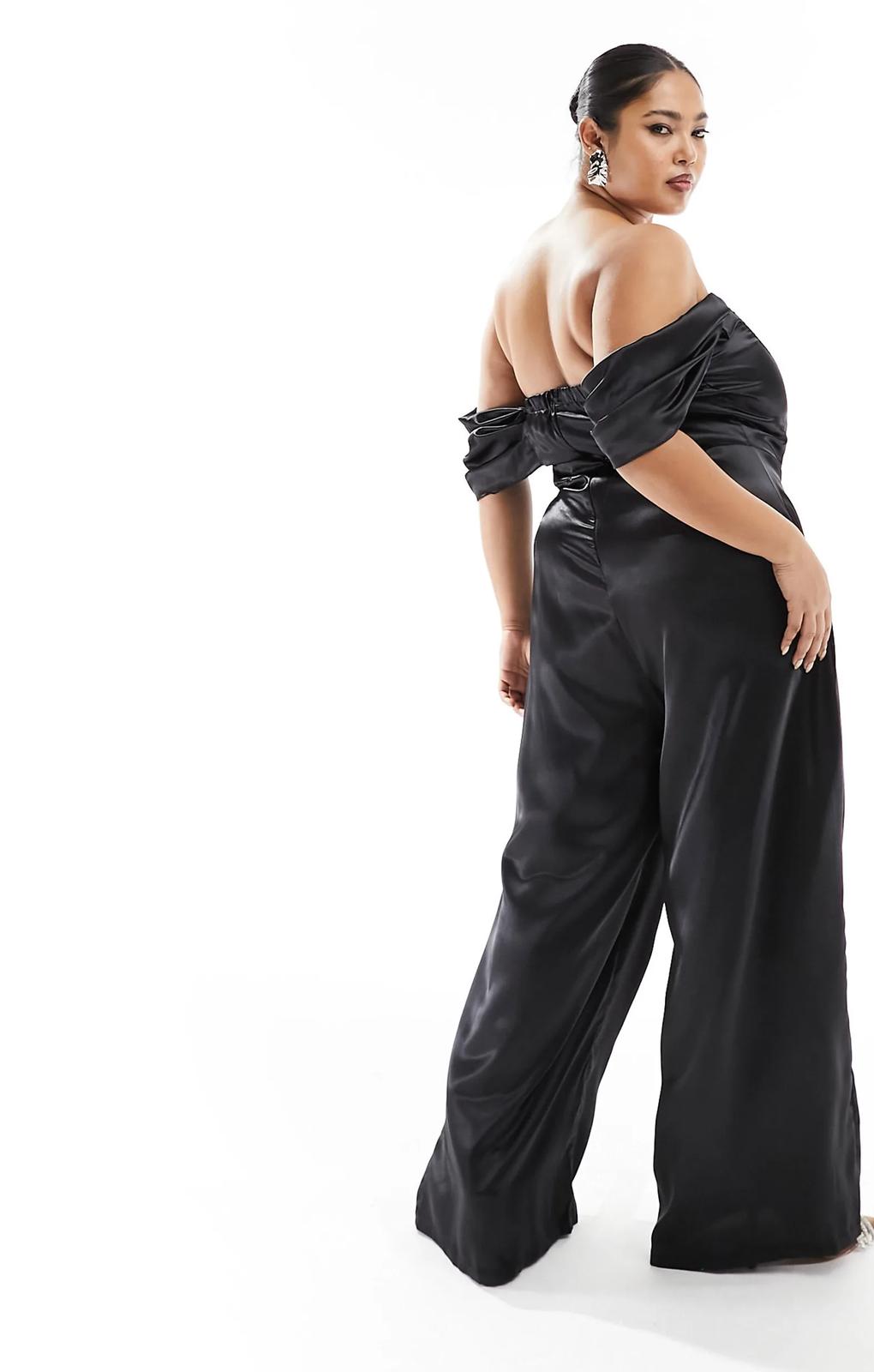 Jaded Rose Plus Off Shoulder Satin Corset Jumpsuit In Black – jumpsuits & playsuits by Jaded Rose Plus, available to rent from Hirestreet