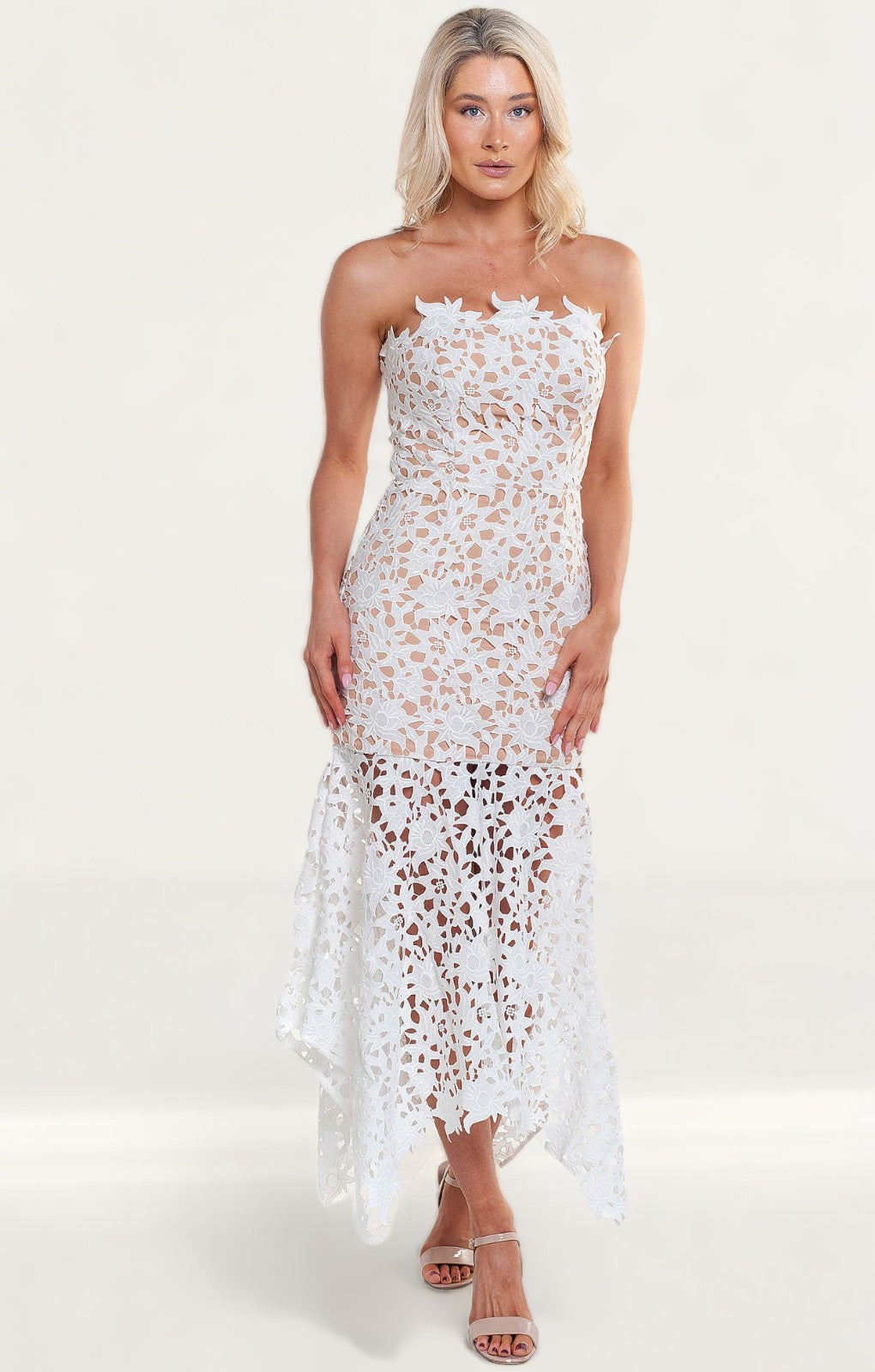 Rent Jarlo White Lace Cutout Summer Bandeau Dress | Hirestreet Rent Jarlo White Lace Cutout Summer Bandeau Dress | Hirestreet