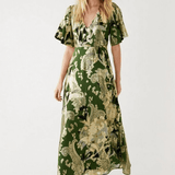 Warehouse Khaki Sparkle Metallic V Neck Floral Midi Dress
