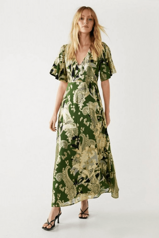 Warehouse Khaki Sparkle Metallic V Neck Floral Midi Dress