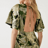 Warehouse Khaki Sparkle Metallic V Neck Floral Midi Dress