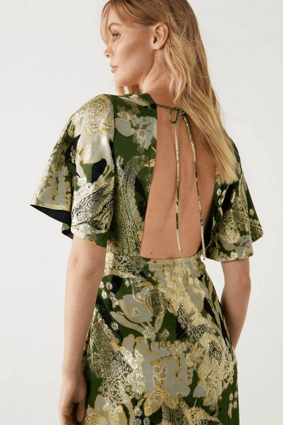 Warehouse Khaki Sparkle Metallic V Neck Floral Midi Dress