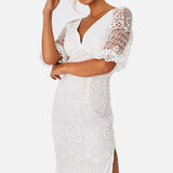 Little Mistress White Ellen Optic White Crochet Lace Midi Pencil Dress